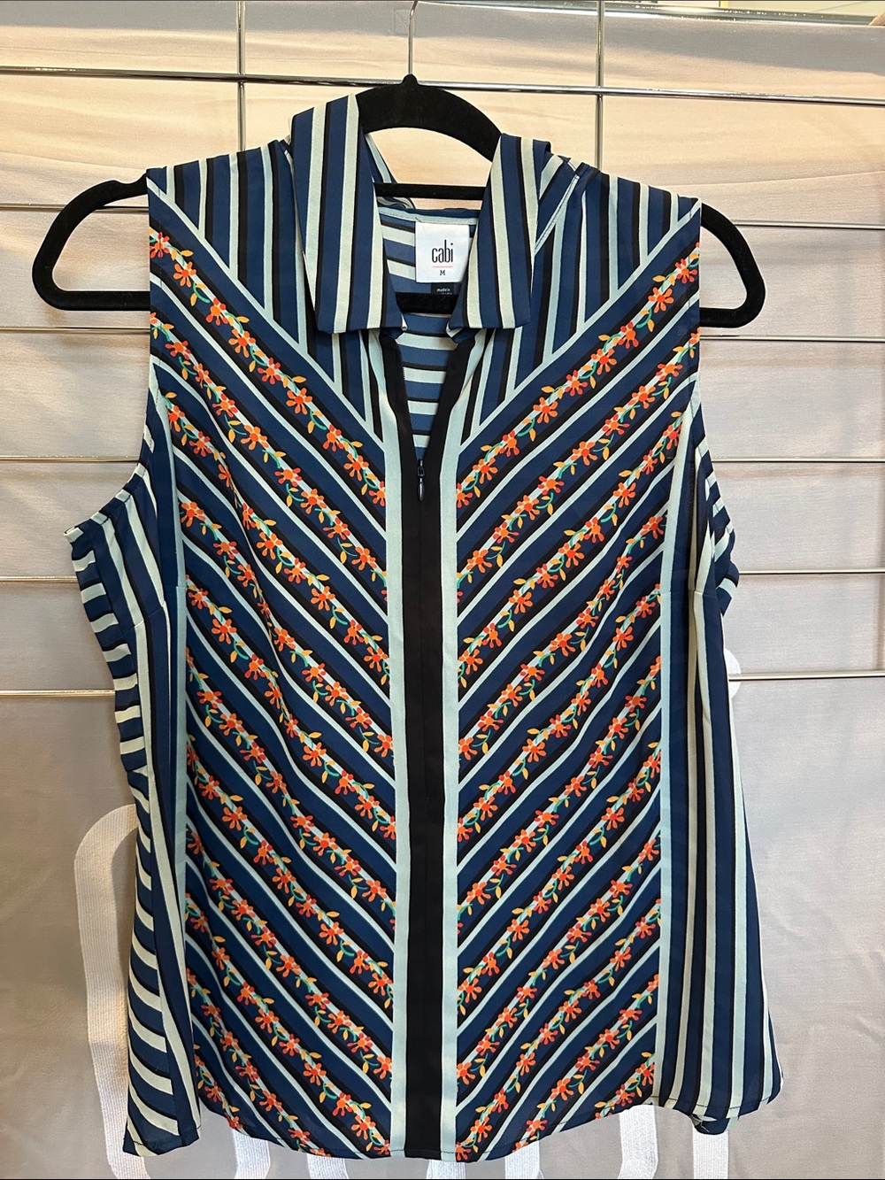 CAbi Navy, Cream & Orange Striped Floral-Trim Sleeveless Button Top